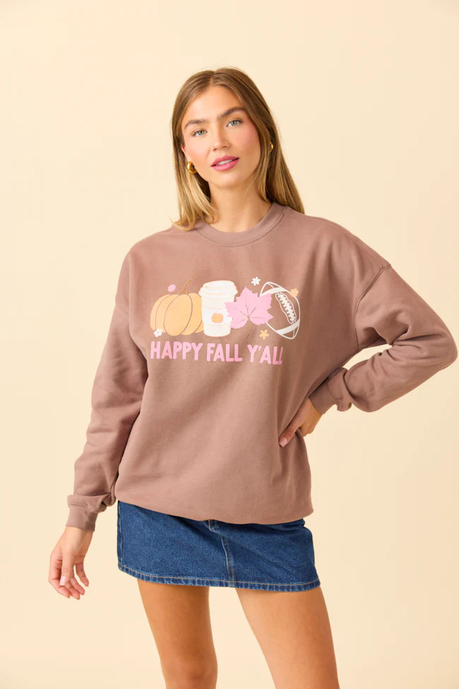 Happy Fall Y'all Mocha Graphic Sweatshirt | Pink Lily