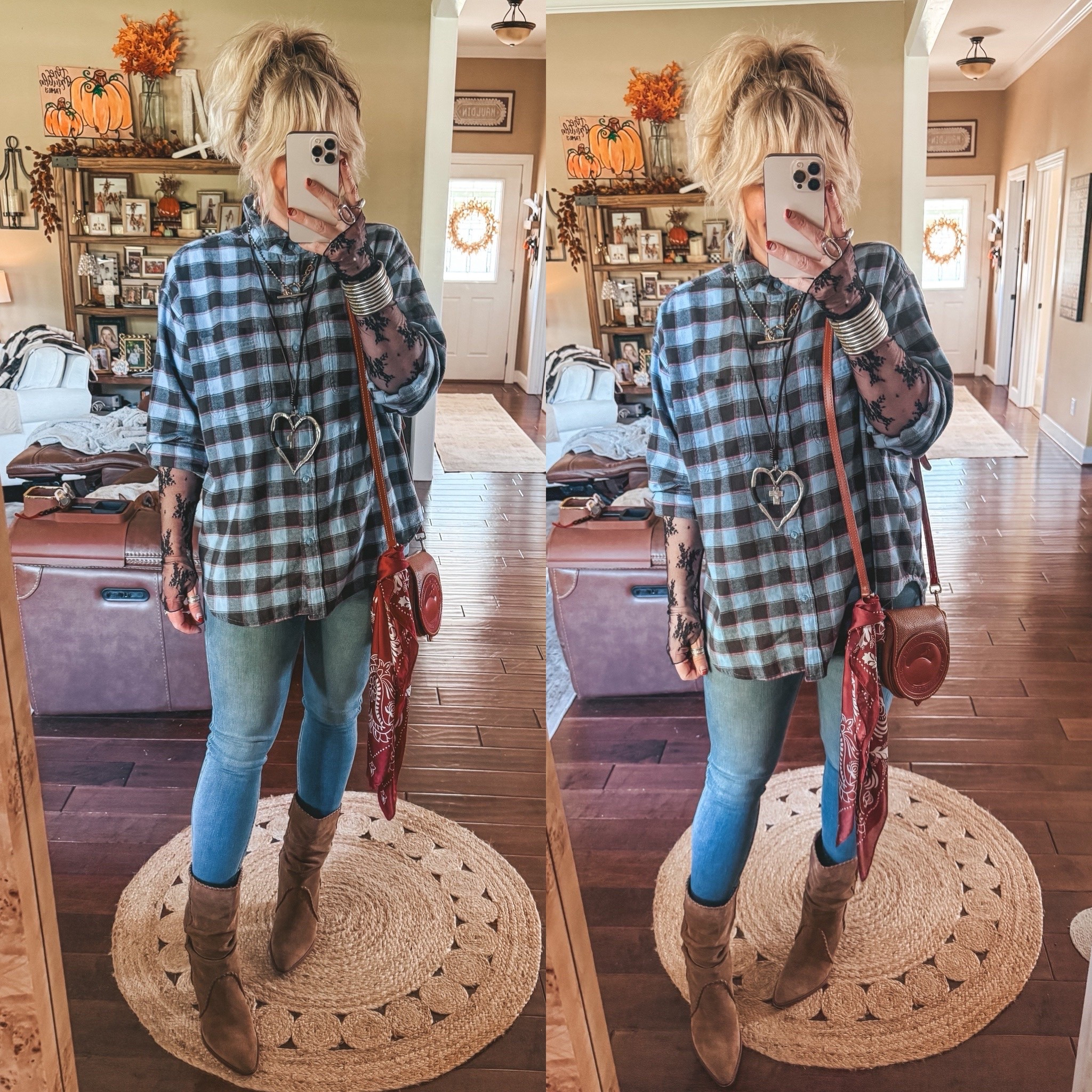 Mesh top style Day 3 🖤👖
•Flannel M @Aerie
•Mesh top L (sized up but can wear a medium too it just fits more tight) 
•Jeans older but linked some good ones on sale 
•Boots true to size
✨Short necklace and small silver earrings are from Twisted Silver and it’s their  monthly box called the twisted silver girls club 
👉🏼SAVE on your first box with code MANDIE50 or the rest of their site with code MANDIE20