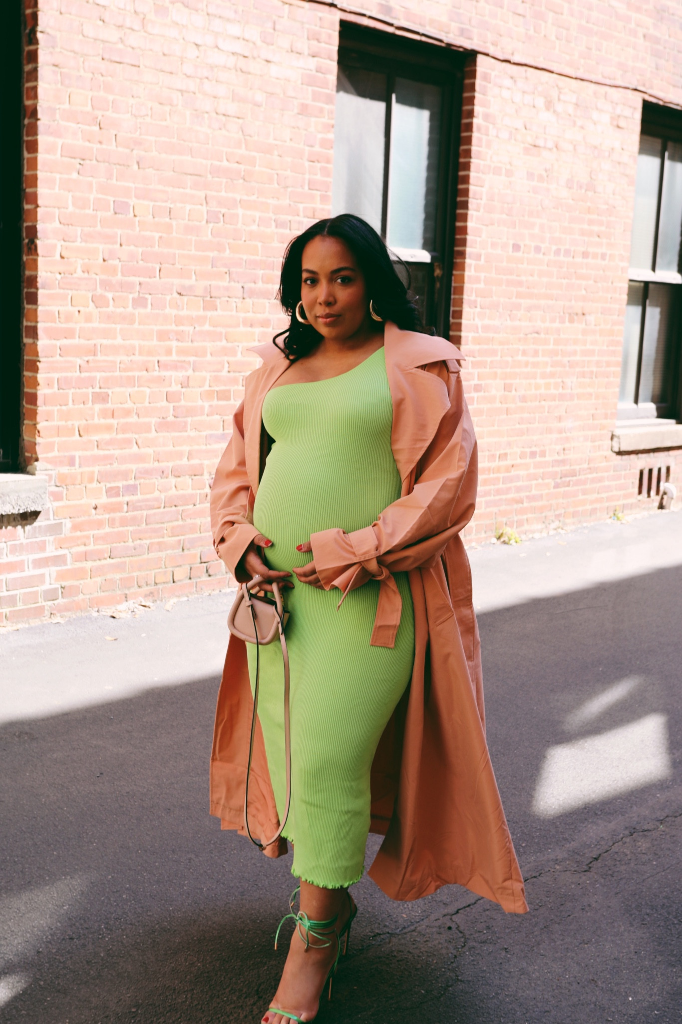 Spring is here! Obsessed with this green one shoulder knit dress 🙌🏾 (maternity style, trench coat, spring chic) 

#LTKbump #LTKsalealert