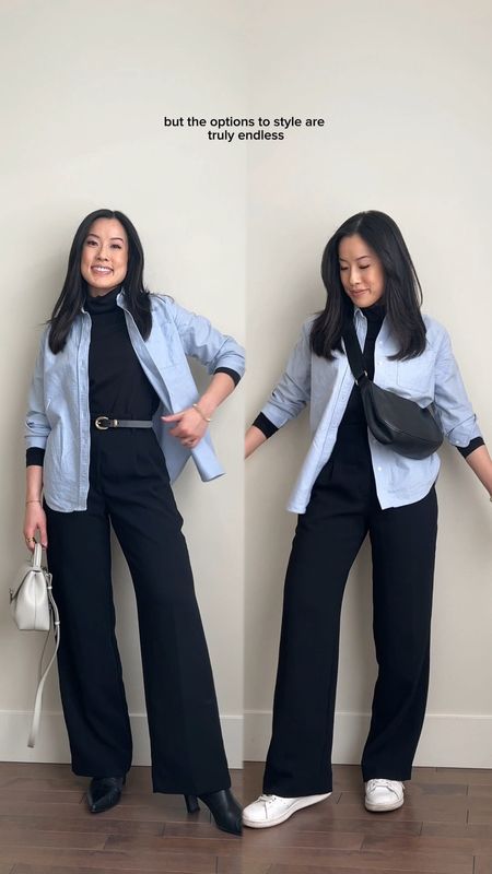 If you’ve been around here for a while, you’ll know one of my favourite outfit formulas consist of a t-shirt, wide leg pants, and a button up shirt. Here I’m winter-izing it by swapping the t-shirt for a turtleneck top for extra warmth, styled 2 different ways. Subtle differences but the options are endless!

#LTKbeauty #LTKstyletip #LTKSeasonal