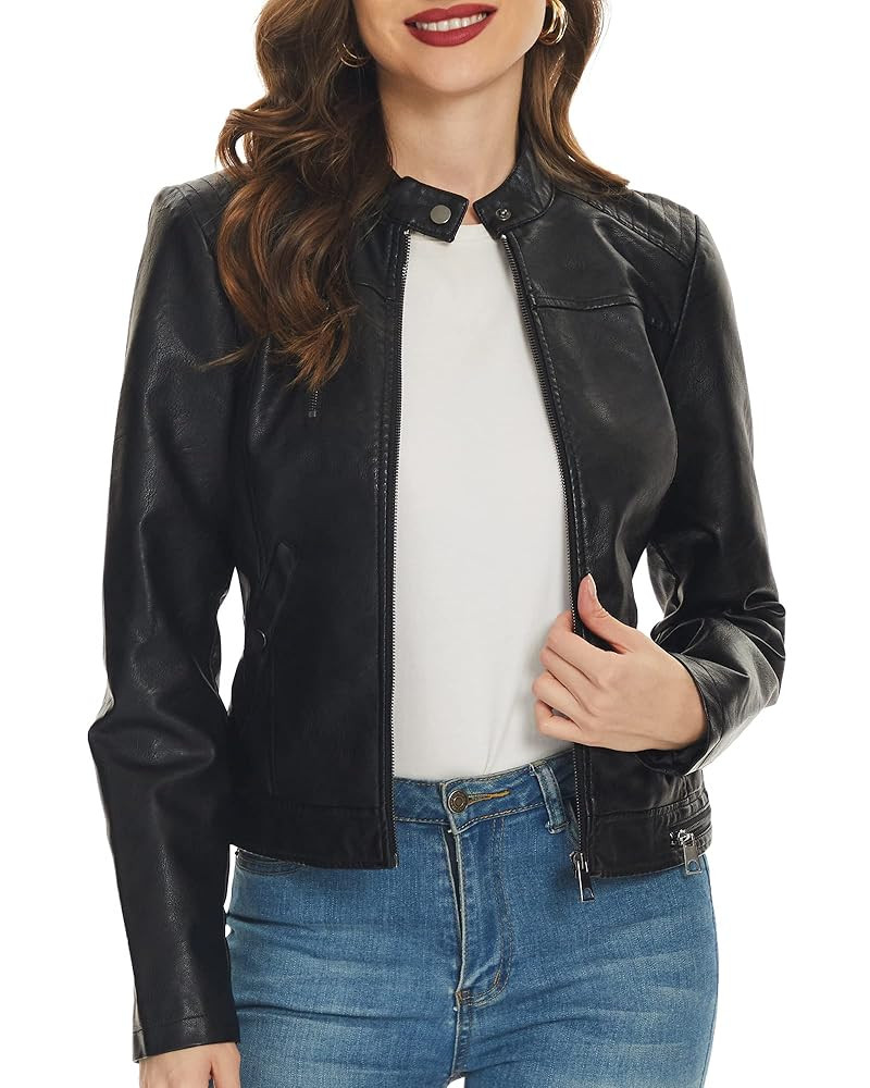 Fahsyee Black Faux Leather Jackets for Women Motorcycle PU Moto Biker Outwear Coat | Amazon (US)
