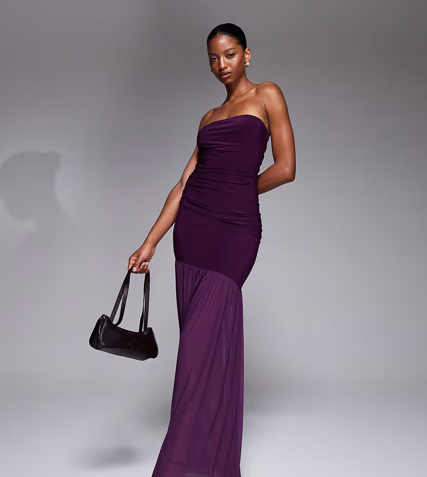 Kaiia exclusive premium slinky soft touch sheer mesh hem bandeau maxi dress in plum-Purple | ASOS (Global)