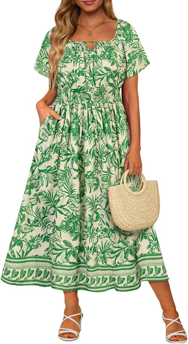 CARCOS Womens Plus Size Dress Summer Short Sleeves Square Neck Tie Front Elastic Waist Midi Dress... | Amazon (US)