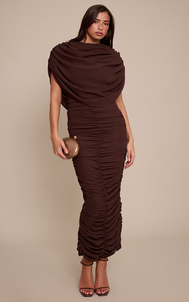 Chocolate Chiffon Overlay Detail Ruched Maxi Dress | PrettyLittleThing UK