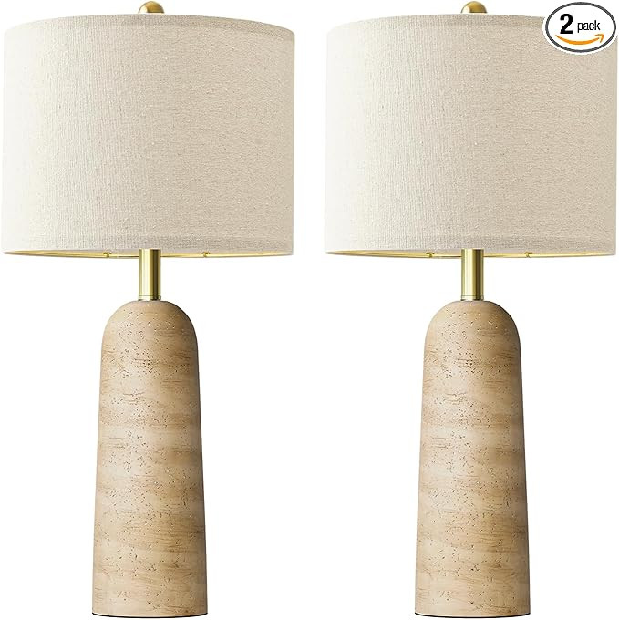 BOBOMOMO 27.25" Modern Table Lamp Set of 2, Beige Resin Lamp with Natural Stone Look, Travertine ... | Amazon (US)