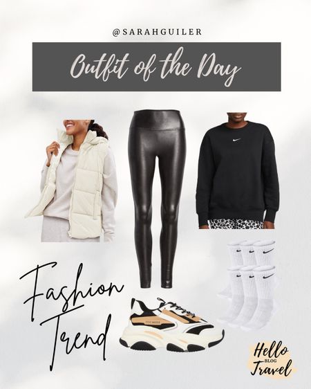 Outfit inspiration. Crewneck sweatshirt. Loungewear. Athleisure look. Ootd. Chunky sneakers. Spanx faux leather leggings. Puffer vest. Winter look. Nike outfit. Casual look. Travel outfit

#LTKFind #LTKstyletip