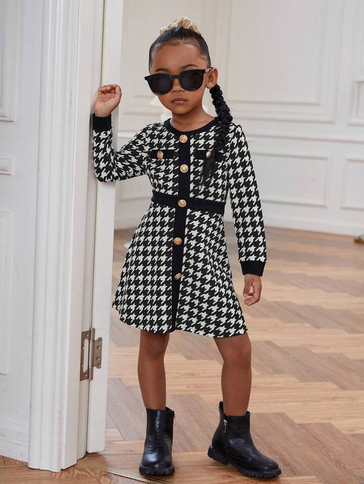 SHEIN Young Girl Houndstooth Print Button Front Dress | SHEIN