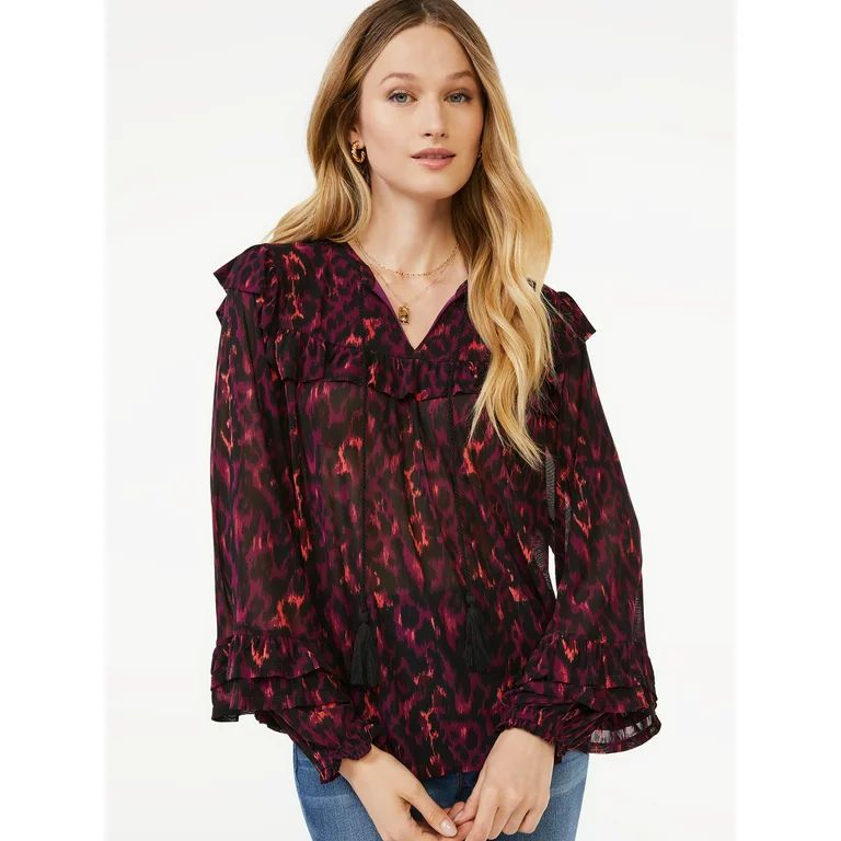 Scoop Women's Ruffled Oversized Top with Long Sleeves | Walmart (US)