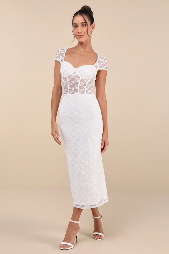 Flirtatious Presence White Sheer Lace Bustier Midi Dress | Lulus