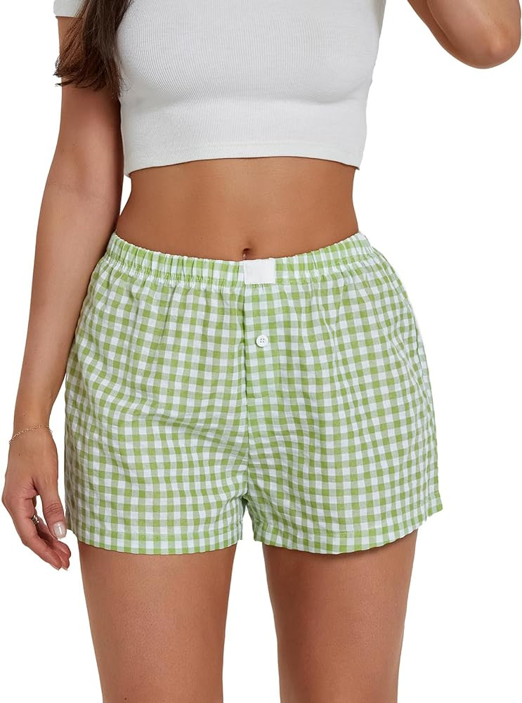 Y2k Plaid Shorts for Women Casual Elastic Waist Aesthetic Lounge Bottom Baggy Pajama Shorts Boxer... | Amazon (US)