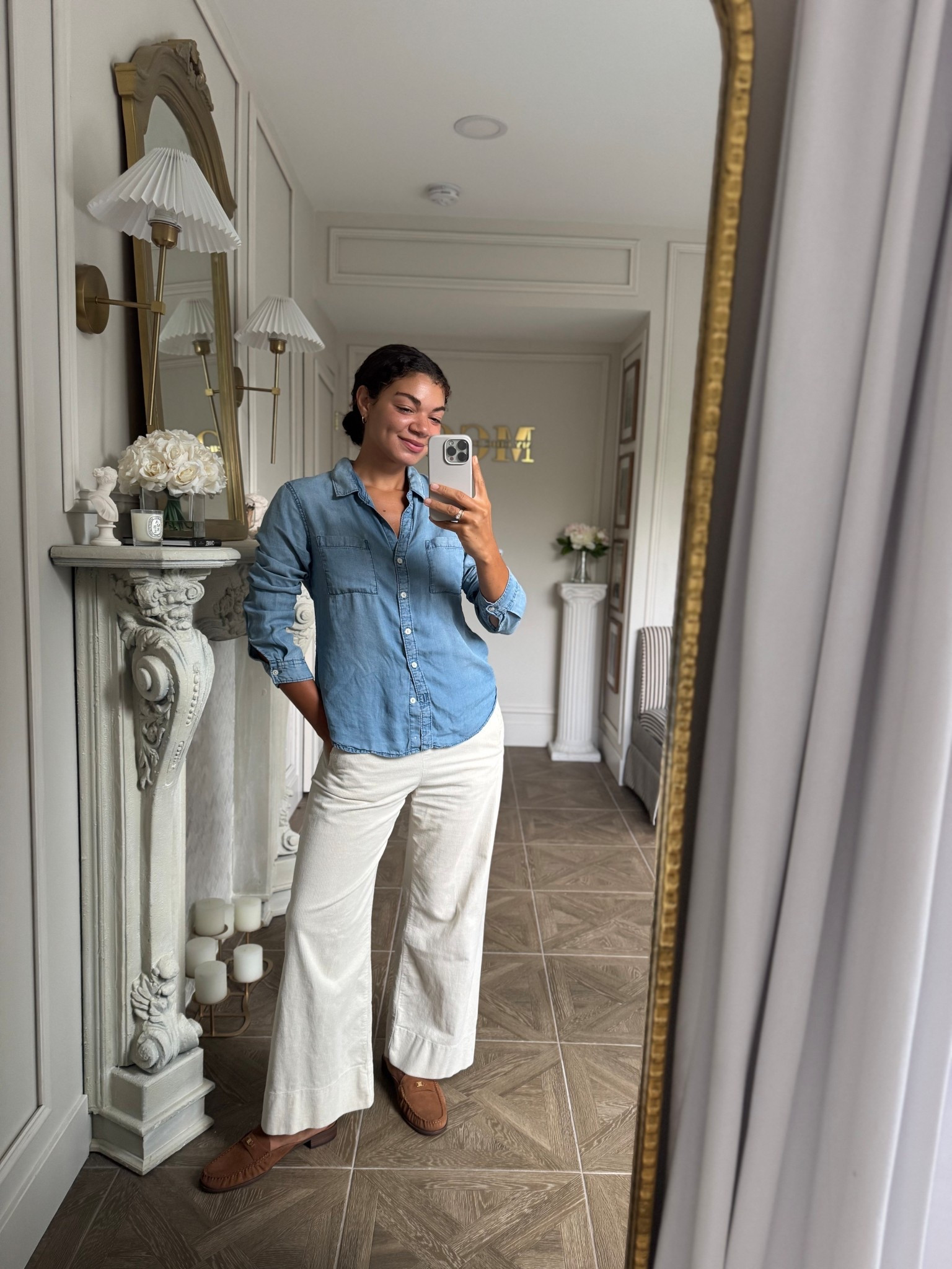 Casual fall outfit: chambray shirt, corduroy pants, and suede mules 

#LTKSeasonal #LTKFindsUnder100 #LTKStyleTip