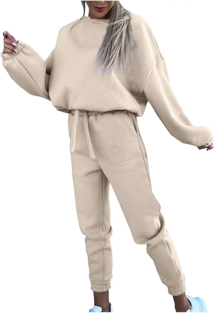 2 Piece Set Tracksuit for Women Solid Color Crewneck Sweatshirts & Drawstring Sweatpants Casual Jogg | Amazon (US)