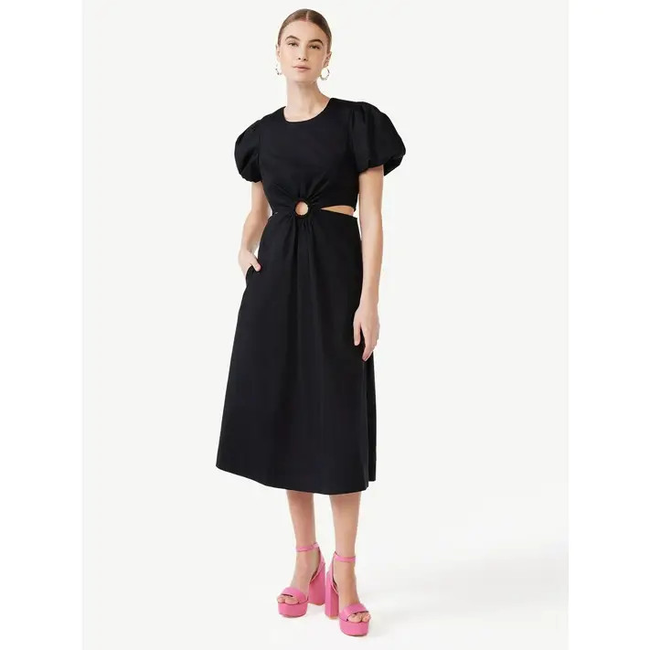 Scoop Women's Cut Out Midi Dress with Puff Sleeves, Sizes XS-XXL | Walmart (US)