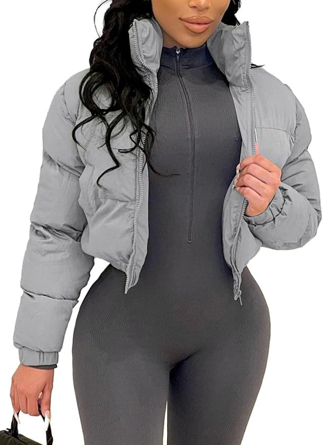 Flygo Women Cropped Quilted Puffer Jacket Winter Fashion Long Sleeve Bubble Short Down Coat | Amazon (US)