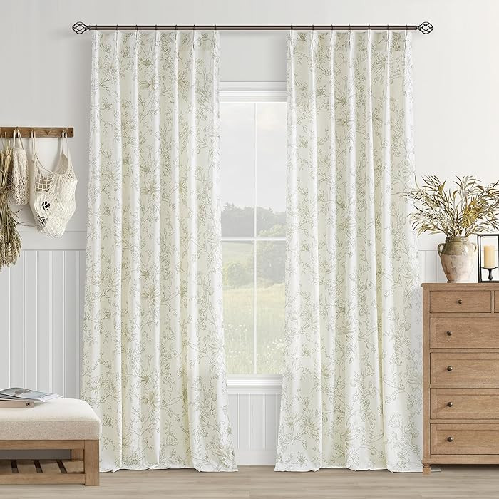 Sage Green Floral Linen 108 Inch Curtains 2 Panels Set Pinch Pleated for Living Room Light Filter... | Amazon (US)