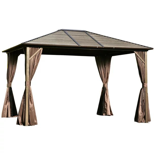 Outsunny 10’ x 12’ Steel Hardtop Gazebo with Netting Curtains and Sidewalls, Brown and Black ... | Walmart (US)