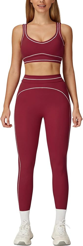 Womens Workout Set Two Piece U Back Color Block Sports Bra Matching High Waist Leggings Gym Work ... | Amazon (US)