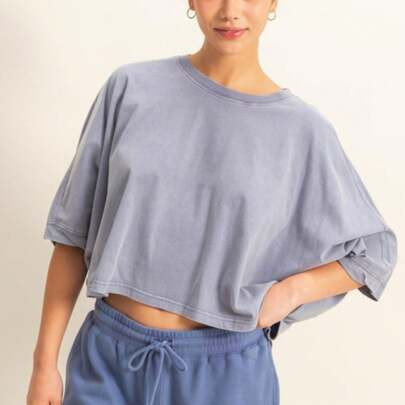 Womens Casual Athleisure Chic Oversized Drop Shoulder Crop Top Tee Shirt Dusty Blue Relaxed Fit Quarter Sleeve Round Neck Washed Look Summer Spring Lo | SHEIN