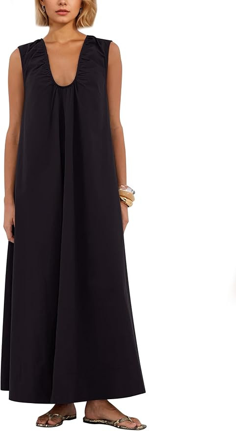 Women Sleeveless Ruched Maxi Dress Scoop Neck Long Elegant Dresses Wide Shoulder Strap Blouse Dre... | Amazon (US)