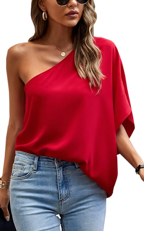 Angashion Women's Summer Tops Casual One Shoulder Short Sleeves Blouses Sleeveless Tie Knot Asymm... | Amazon (US)