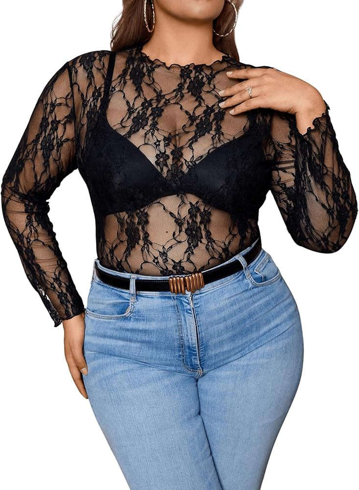 SHENHE Women's Plus Size Floral Lace Mesh Long Sleeve Sheer See Through Crop Top Sexy Blouse | Amazon (US)