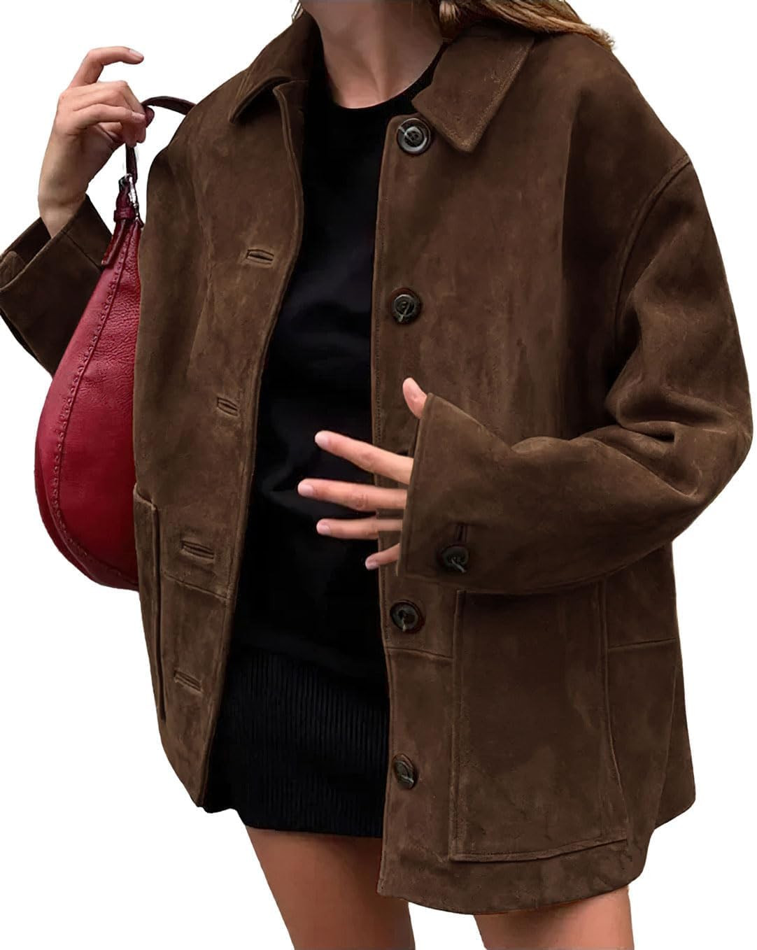 chouyatou Women's Fall Boyfriend Faux Suede Leather Jacket Casual Midi Long Button Down Shacket Coat | Amazon (US)