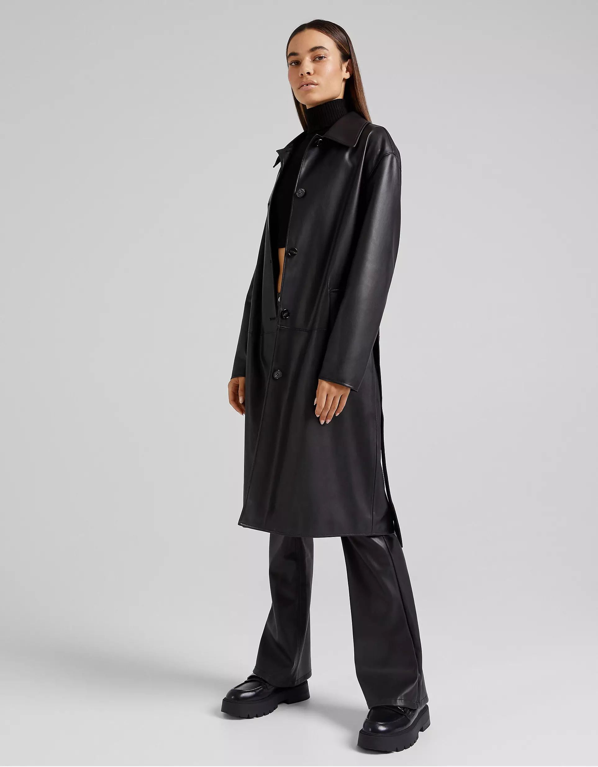 Bershka faux leather belted trench coat in black | ASOS (Global)