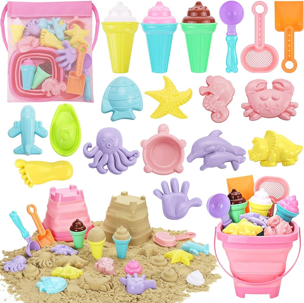 REZUCREY Beach Toys, Ice Cream Sand Toys for Toddlers, Collapsible Sand Bucket and Shovels Kids B... | Amazon (US)