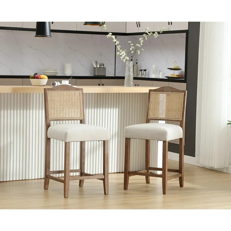 Dayalane Counter Height Bar Stools Set of 2, 26" Farmhouse Wooden Barstools with Rattan Back, Mid... | Walmart (US)