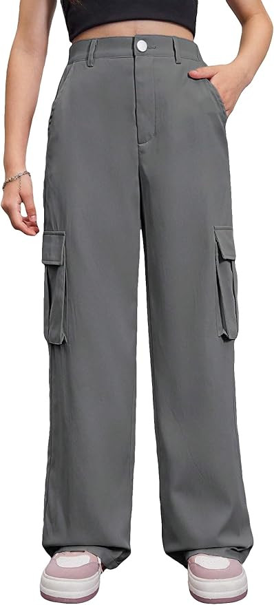 SweatyRocks Girl's Elastic Waist Button Front Cargo Pants Flap Pocket Zipper Loose Trousers Pants | Amazon (US)