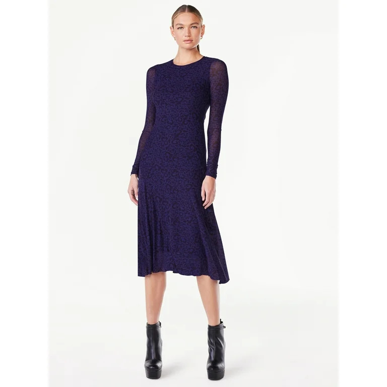 Scoop Women’s Long Sleeve Asymmetrical Seam Mesh Dress, Sizes XS-XXL | Walmart (US)