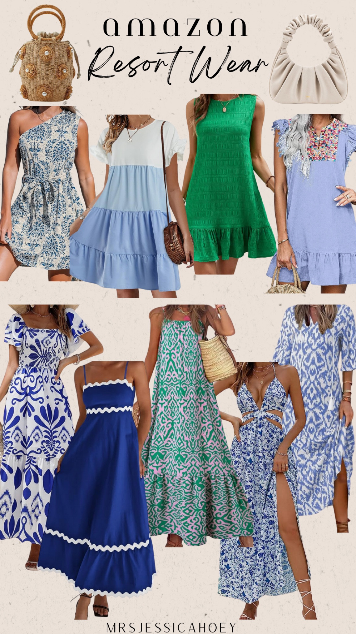 Resort wear. Women’s dresses. Maxi short flowy puff sleeve spaghetti strap dress. Floral print boho dress. Vacation outfit. Spring dresses summer dresses. Blue green white dresses. Spring summer outfit. 

#LTKtravel #LTKSeasonal #LTKfindsunder50