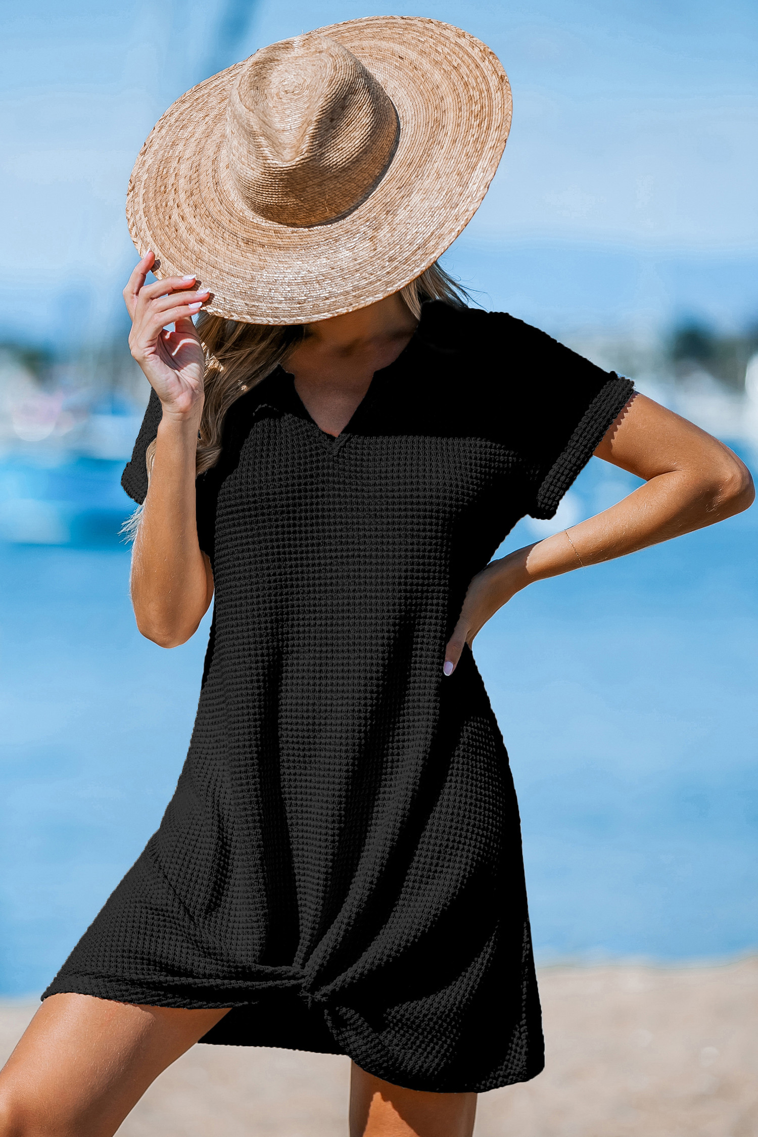 Black Notched Neck Knotted Cover-Up Mini Dress | Cupshe US