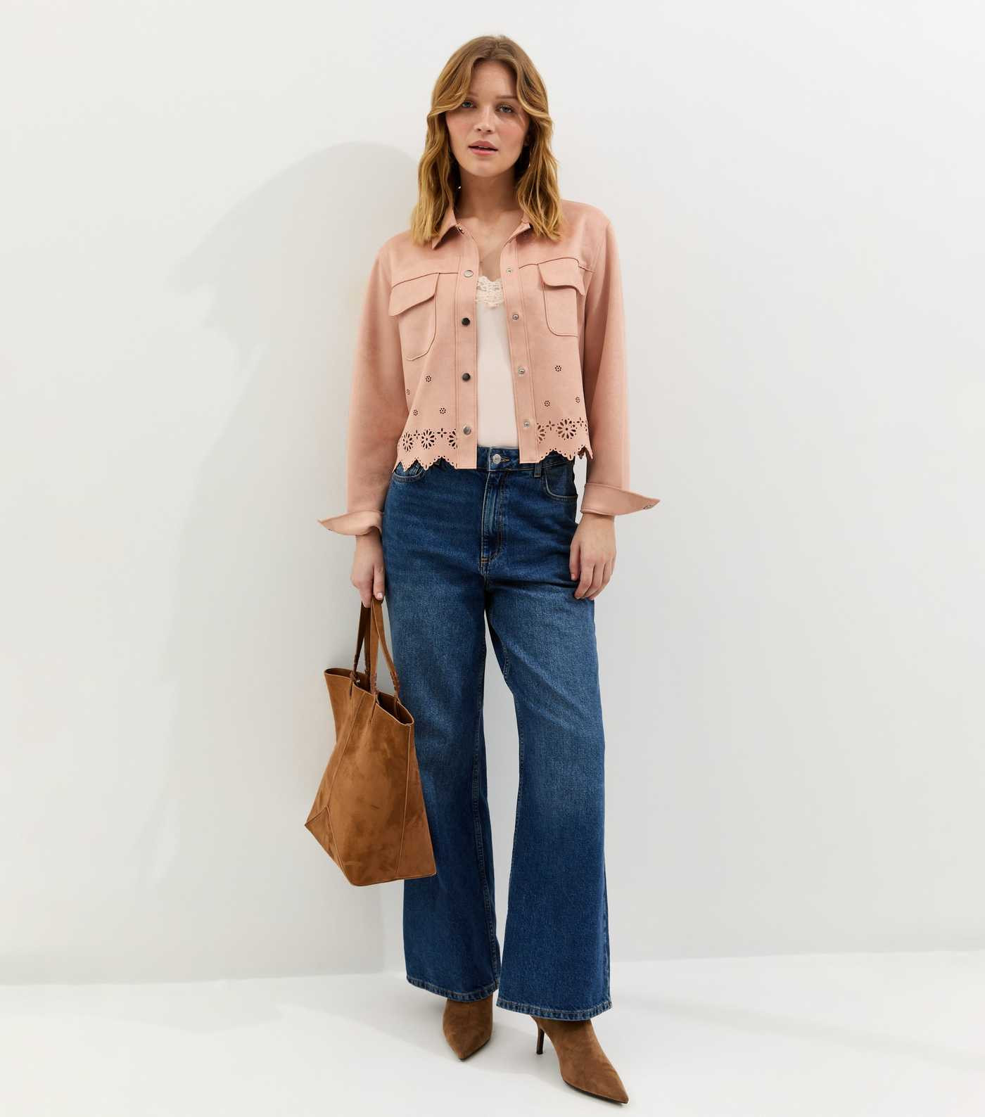Pale Pink Cutwork Faux Suede Shacket | New Look | New Look (UK)