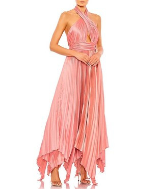Pleated Halter Neck Cut-Out Front Back Detail Sleeveless Asymmetrical Hem Gown | Dillard's
