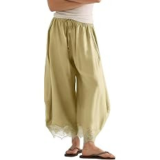 PUWEI Women's Cropped Lace-Hem Pants High Waisted Drawstring Wide Leg Pants Casual Lightweight Tr... | Amazon (US)