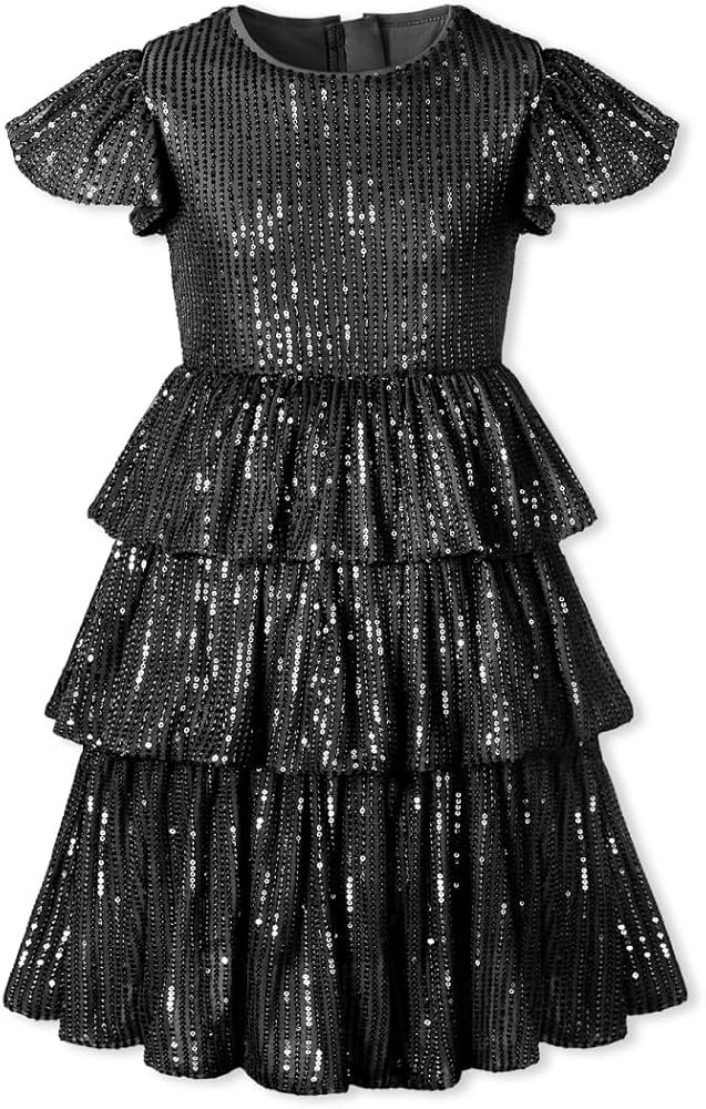 WELAKEN Girls Sequin Dress with Glittering Flutter Sleeves and Tiered Layers | Amazon (US)