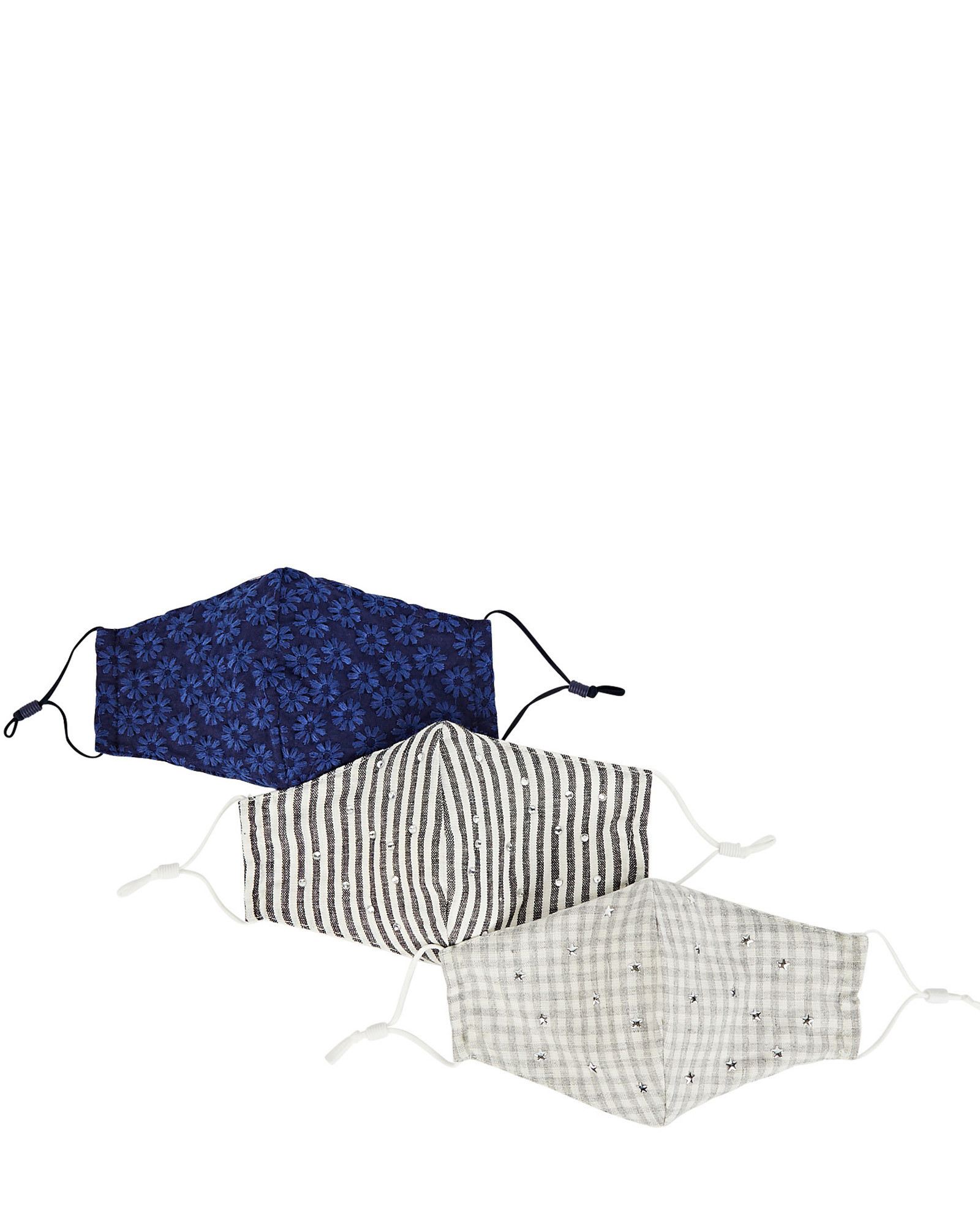 Lele Sadoughi Embroidered Face Mask 3-Pack, Stripe/Gingham/Indigo 1SIZE | INTERMIX