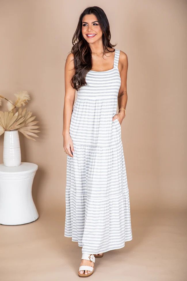 Time For Something Grey Stripe Knit Maxi Dress With Padded Top | Pink Lily
