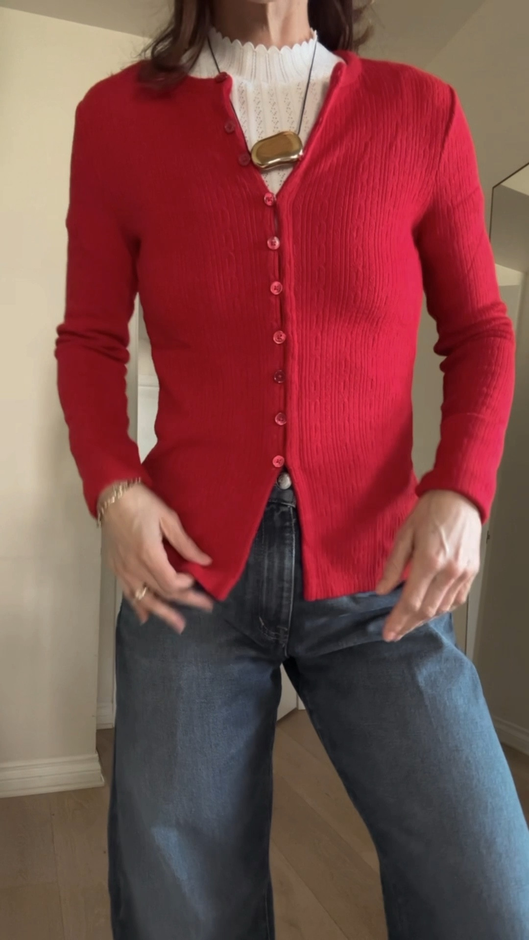 Beautiful red Pointelle cardigan from @madewell is 50% off with code JOLLY and perfect for casual holiday outfits! 
Runs true to size
Under $50 
#madewellpartner #madewell #ad 

#LTKHoliday