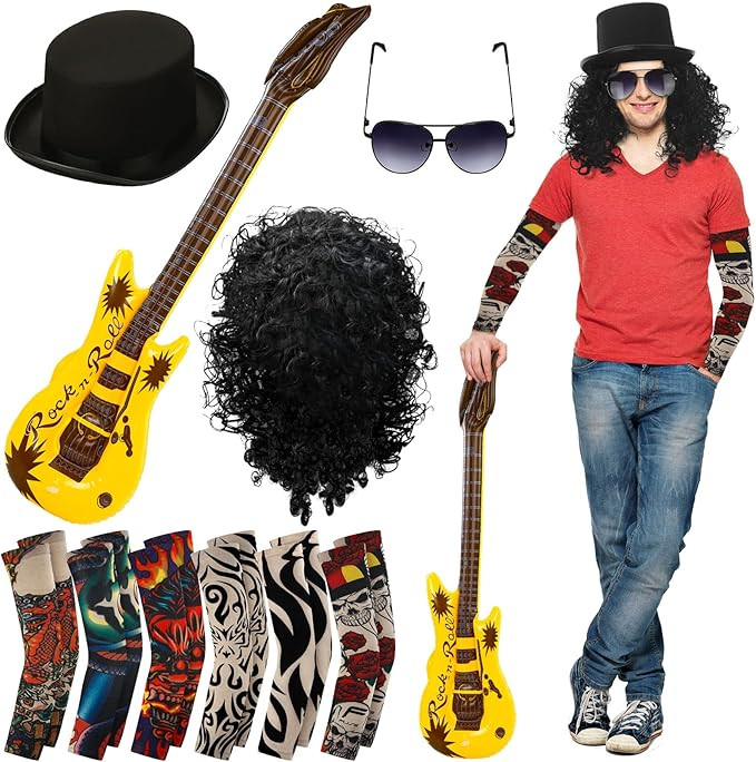 Yingzhao 10 Pcs Slash Costume 80s Rocker Costume Set for Men Black Afro Wig Black Costume Top Hat... | Amazon (US)