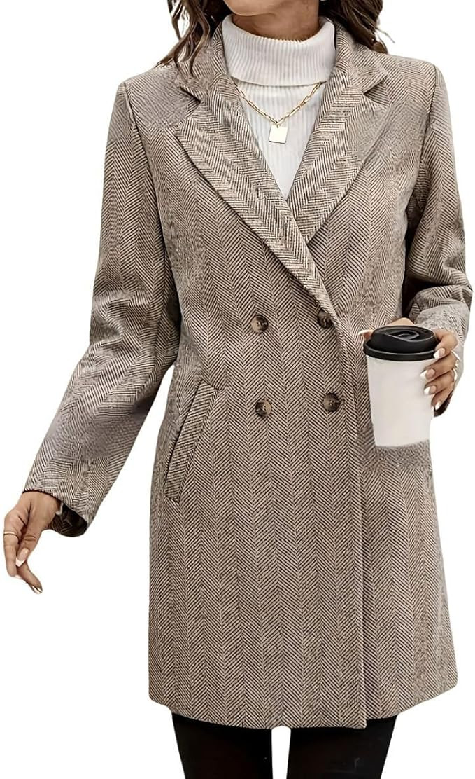 chouyatou Women's Herringbone Wool Pea Coat Double Breasted Notched Lapel Mid Long Blazer Jacket ... | Amazon (US)