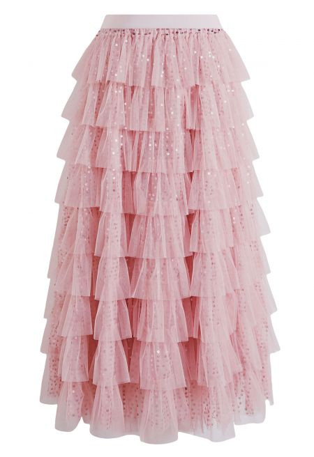 Sequin Embellished Tiered Ruffle Mesh Maxi Skirt in Pink for Dinner Events & Cocktail Hours | Chicwish