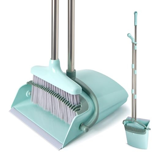 XXXFLOWER Broom and Dustpan Set with Cleaning Teeth, 54.5" Long Handle Indoor Sweeping Combo for Home Office Kitchen, Bluish Green | Amazon (US)