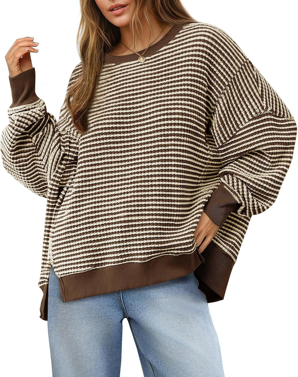 Fisoew Women's Fall Oversized Sweatshirt Casual Waffle Knit Long Sleeve Crewneck Split Pullover Tunic Tops | Amazon (US)
