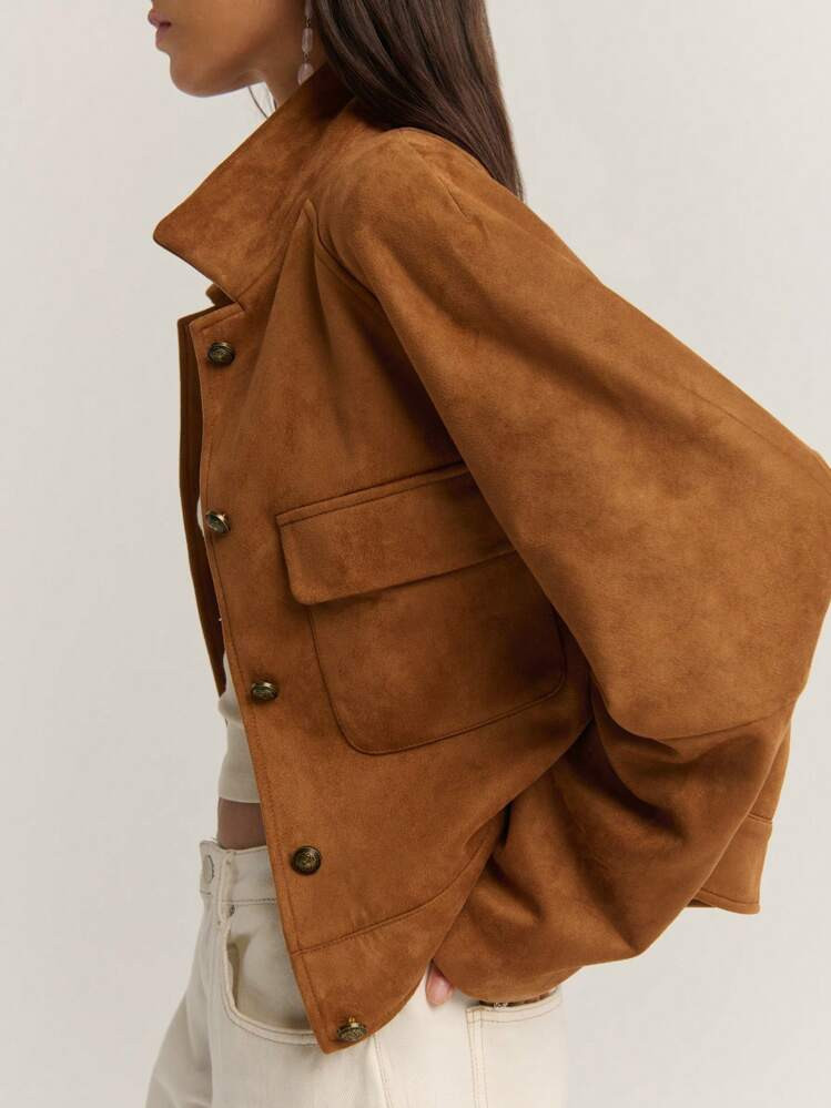 Nöista Chaqueta De Ante Marrón De Ajuste Regular Noista Con Bolsillos Frontales Grandes Y Botones Metálicos, Ideal Para Volver Al Colegio, Atuendos De Mujer, Conciertos, Perfecto Para Looks Casuales, Otoño, Estilo Bohemio, Relajado, Lindo Para Volver Al Colegio Y Atuendos De Oficina Para Mujeres. | SHEIN