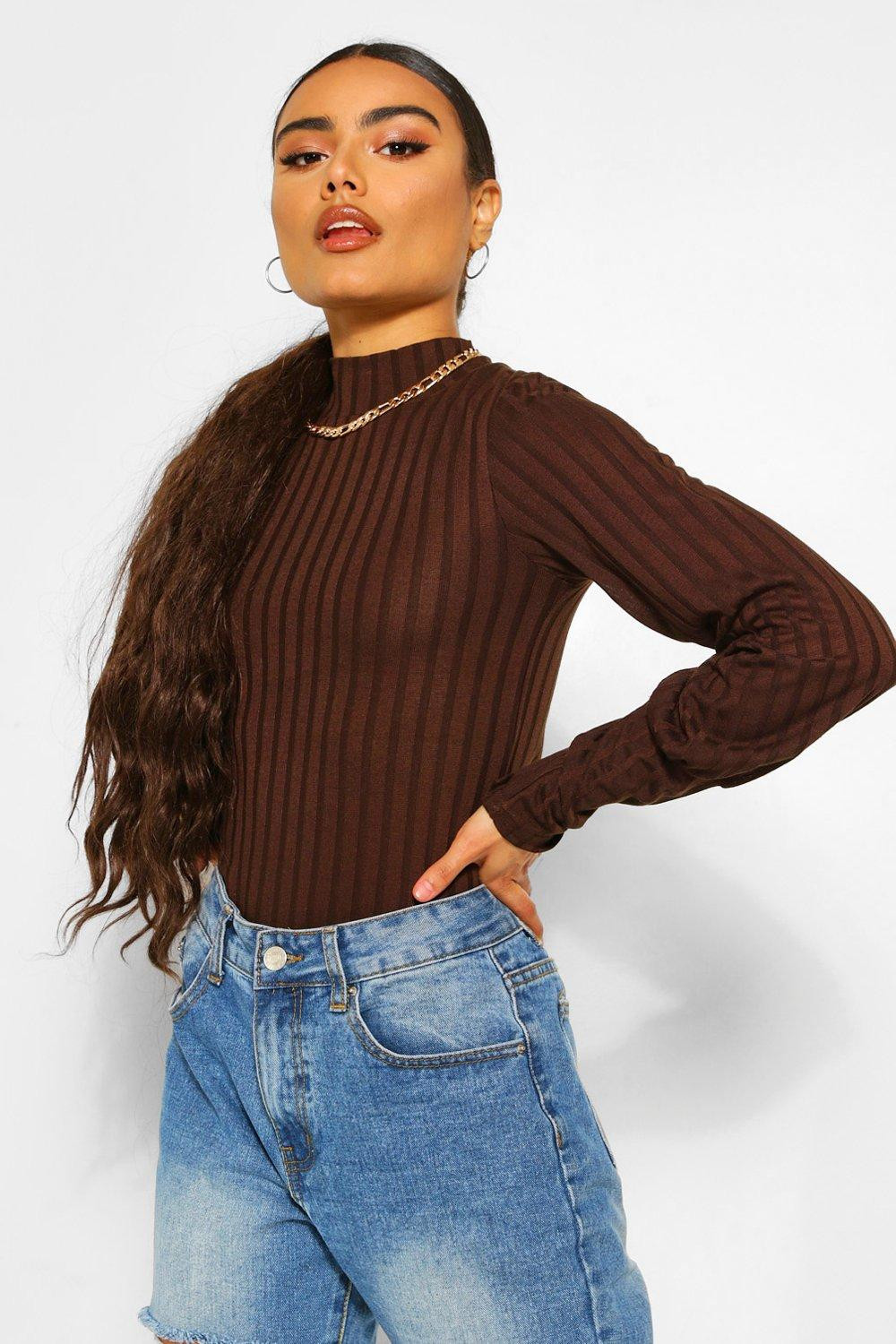 Womens Rib High Neck Puff Sleeve Top - Brown - 8 | Boohoo.com (US & CA)