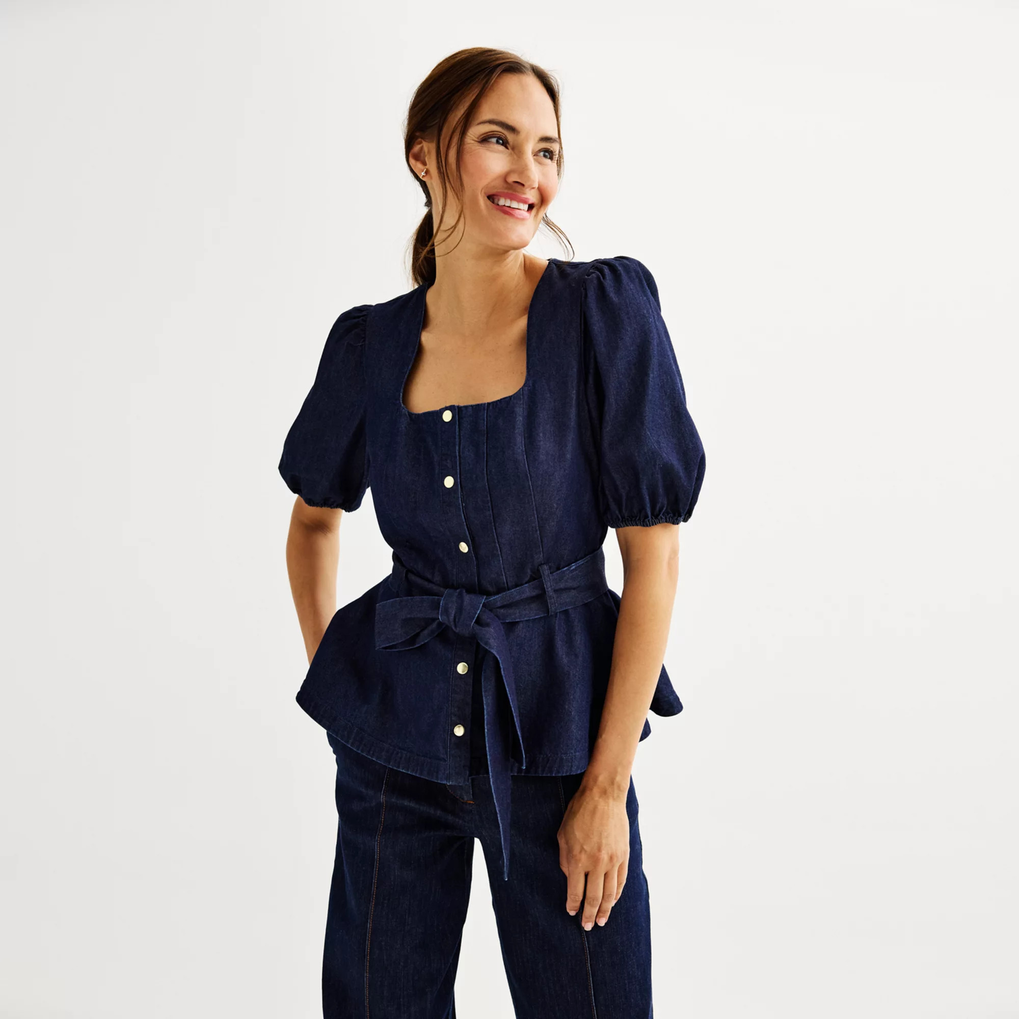 Women's Nine West Puff Sleeve Belted Squareneck Top | Kohl's