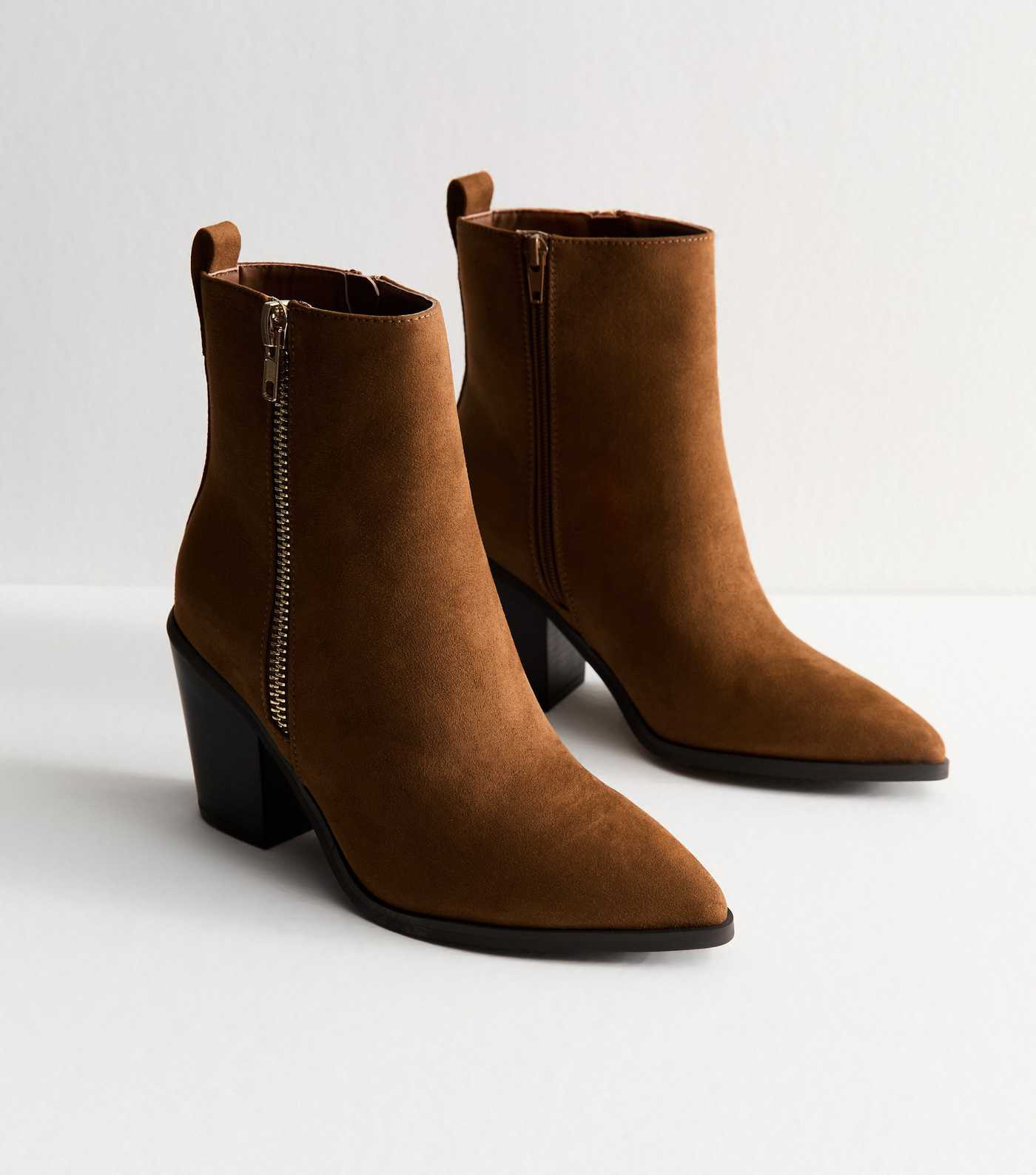 Wide Fit Tan Faux Suede Side Zip Heeled Ankle Boots | New Look | New Look (UK)