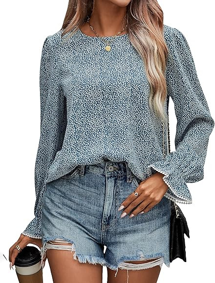PRETTYGARDEN Women's Casual Shirts 2023 Long Sleeve Crewneck Boho Print Lace Crochet Fall Blouses Cute Loose Tunic Tops | Amazon (US)